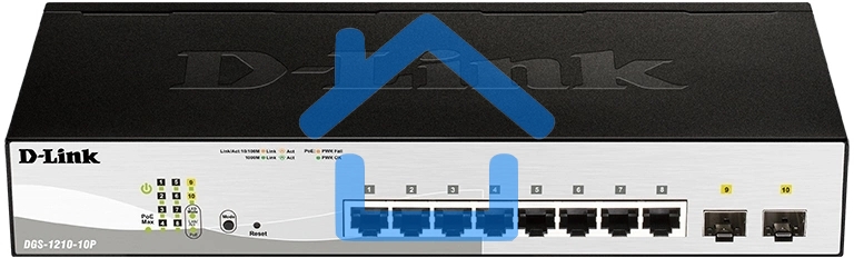 Коммутатор D-Link DGS-1210-10P/FL2A Управляемый L2 коммутатор с 8 портами 10/100/1000Base-T и 2 портами 1000Base-X SFP (8 портов PoE 802.3af/at, PoE бюджет 65 Вт)