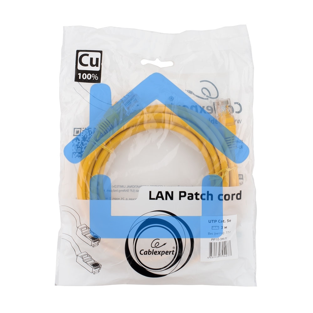 Патч-корд медный UTP Cablexpert PP10-3M/Y кат.5e, 3м, литой, многожильный (желтый)
