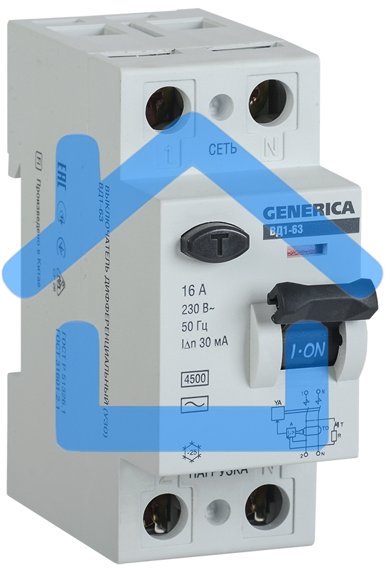 Выключатель дифференциального тока (УЗО) 2п 40А 30мА тип AC ВД1-63 GENERICA ИЭК MDV15-2-040-030