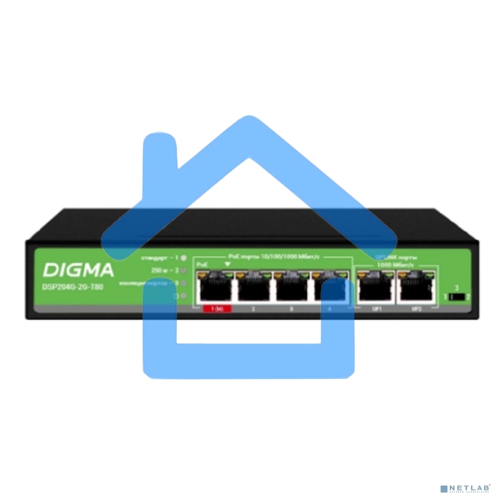 Коммутатор Digma DSP204G-2G-T80 (L2) 6x1Гбит/с 4PoE 4PoE+ 1PoE++ 80W неуправляемый