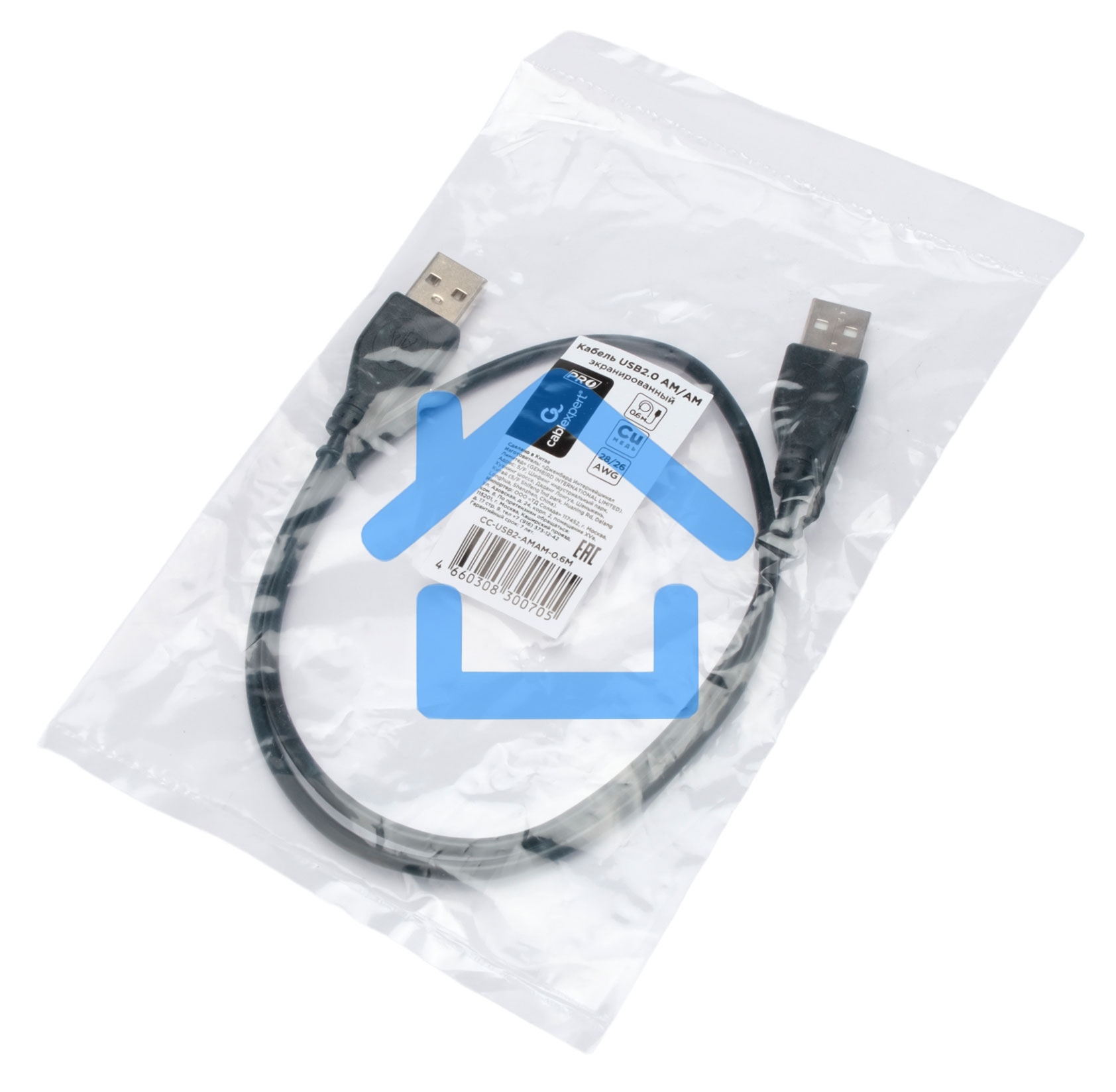 Кабель USB2.0 Cablexpert CC-USB2-AMAM-0.6M, AM/AM, экран, 28/26AWG, медь, Pro, 0.6м, черный, пакет