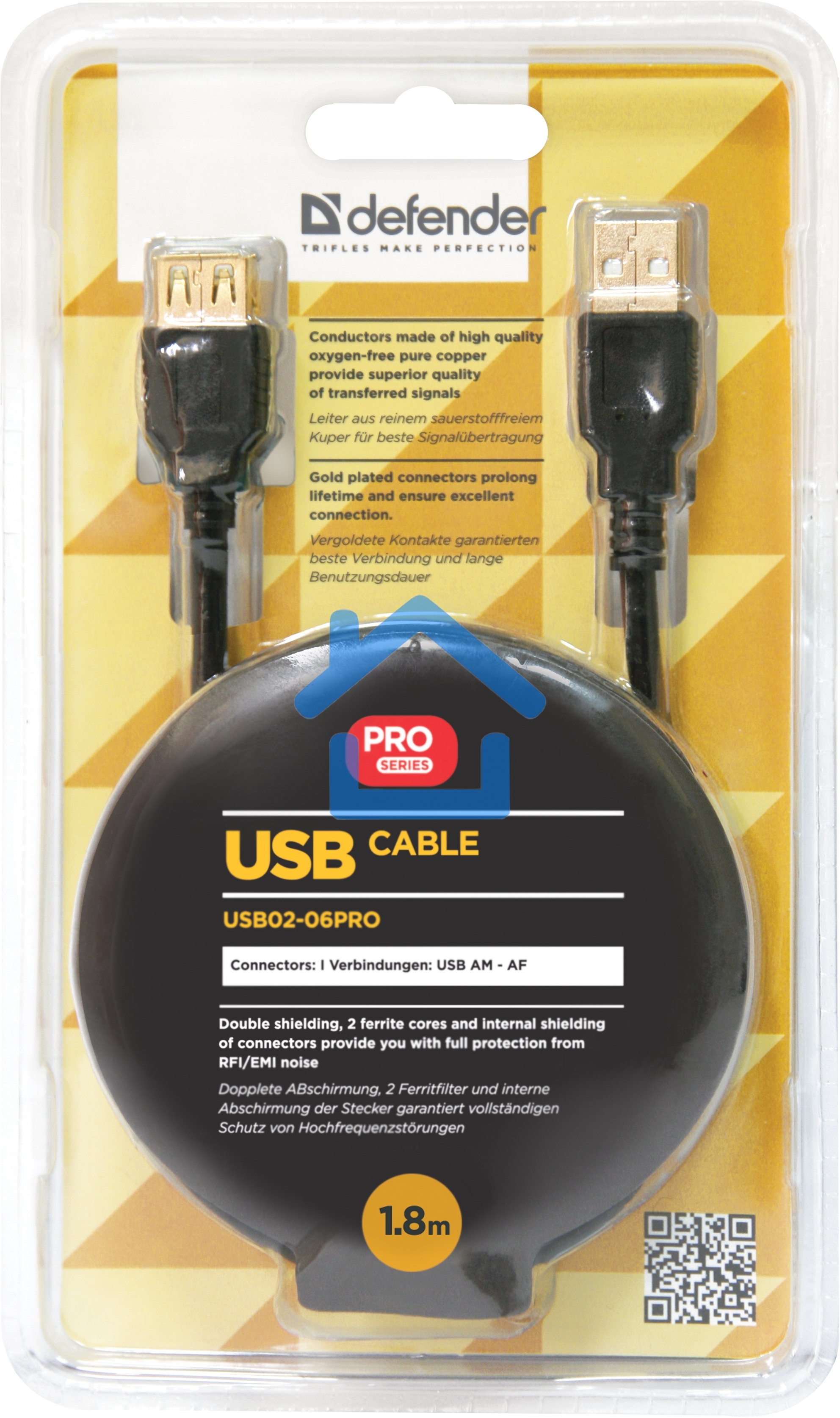 Кабель Defender PRO USB 2.0 кабель удлинительный 1.8м AM/AF, зол.конт, 2фер.фил.
