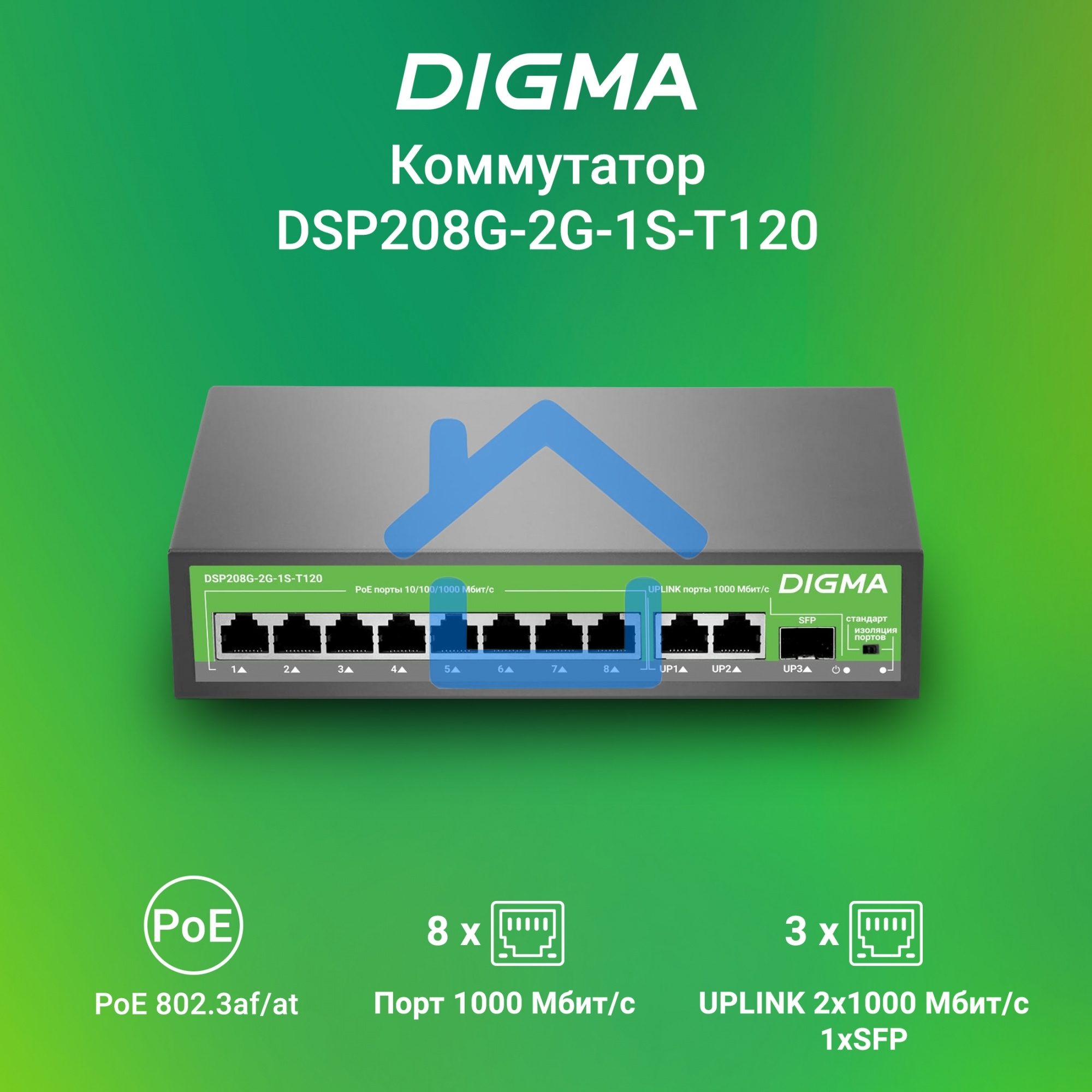 Коммутатор Digma DSP208G-2G-1S-T120 (L2) 10x1Gbит/с 1SFP 8PoE 8PoE+ 120W неуправляемый
