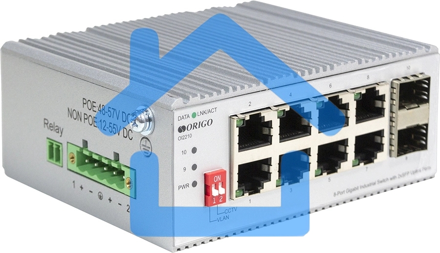 Коммутатор ORIGO Unmanaged Industrial Switch 8x1000Base-T, 2x1000Base-X SFP, Surge 4KV, -40 to 75°C
