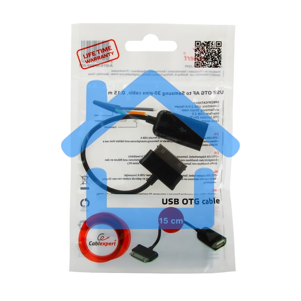 Кабель Gembird/Cablexpert A-OTG-AF30P-001 Кабель USB 2.0 OTG, USBAF/BM30pin, для планшетов Samsung, 0.15м, пакет