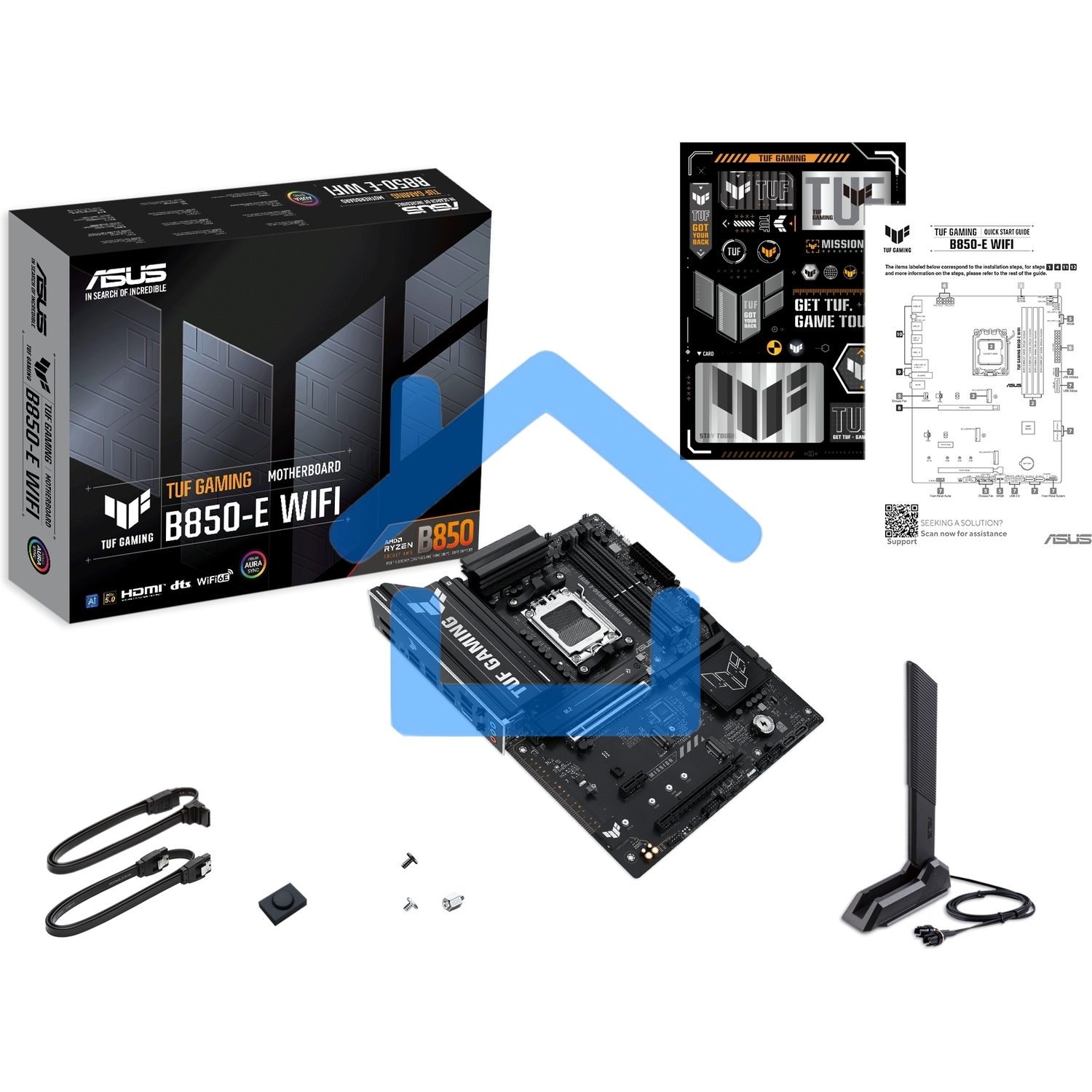 Материнская плата ASUS TUF Gaming B850-E WiFi, AM5, AMD B850, 4xDDR5, 4xSATA, 3xM.2, 1xPCIe 5.0 x16, 1xPCIe 4.0 x16, 1xPCIe x1, 1xDP, 1xHDMI, 2xUSB-C (1x10Gbps, 1x20Gbps), 3xUSB-A 5Gbps, 3xUSB-A 2.0, 1x2.5Gb LAN, Wi-Fi 6E, Bluetooth 5.3, 3x3.5 мм, 7.1, AT
