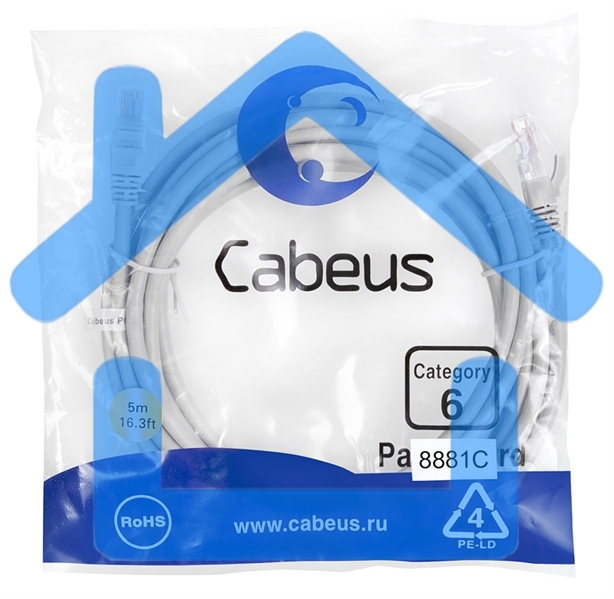 Шнур комм. Cabeus, кат. 6, неэкр., U/UTP, RJ45/RJ45, LSZH, AWG24, 5м, серый