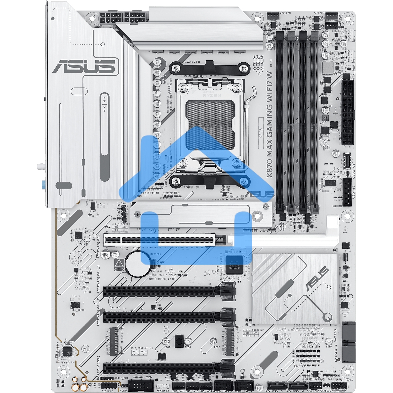 Материнская плата ASUS X870 MAX GAMING WIFI7 W, AM5, AMD X870, 4xDDR5, 4xSATA, 3xM.2, 1xPCIe 5.0 x16, 2xPCIe 4.0 x16, 1xPCIe 3.0 x16, 1xHDMI, 2xUSB Type-C (Display), 1x2.5Gb LAN, Wi-Fi 7, Bluetooth 5.4, 2xUSB-C 40Gbps, 1xUSB-A 10Gbps, 3xUSB-A 5Gbps, 4xUSB