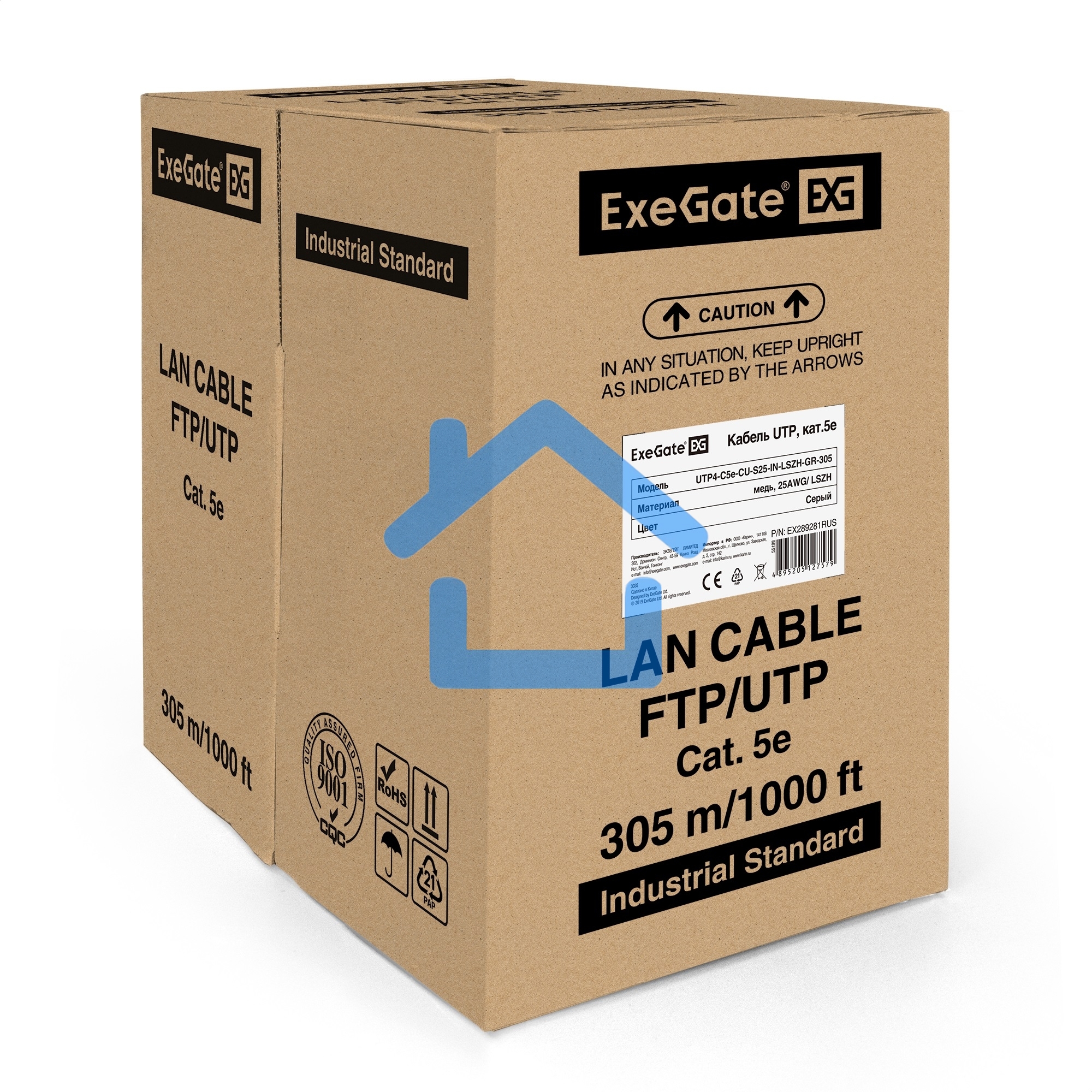 Кабель ExeGate EX289281RUS UTP4-C5e-CU-S25-IN-LSZH-GR-305 UTP 4 пары кат.5e медь, 25AWG, LSZH, бухта 305м, серый