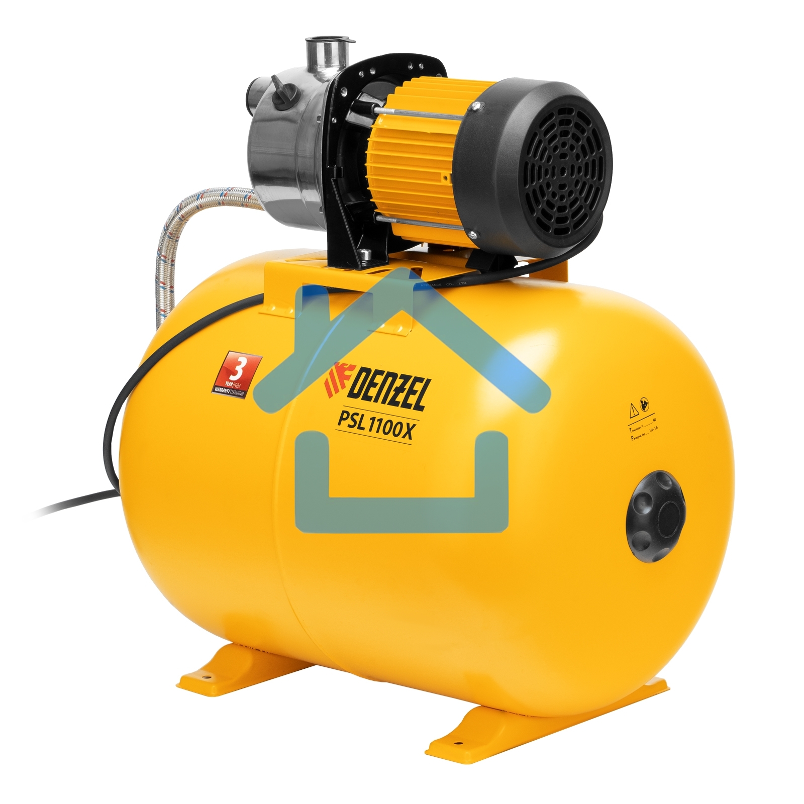 Насосная станция PSL1100X, 1100 Вт, 3600 л/ч, ресивер 50 л, подъем 45 м, нержавейка Denzel