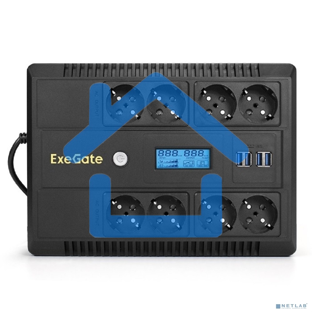 Источник бесперебойного питания ExeGate NEO Smart LHB-800.LCD.AVR.8SH.CH.RJ.USB 800VA/480W, LCD, AVR, 8*Schuko, USB, 4*USB-порта для зарядки, черный