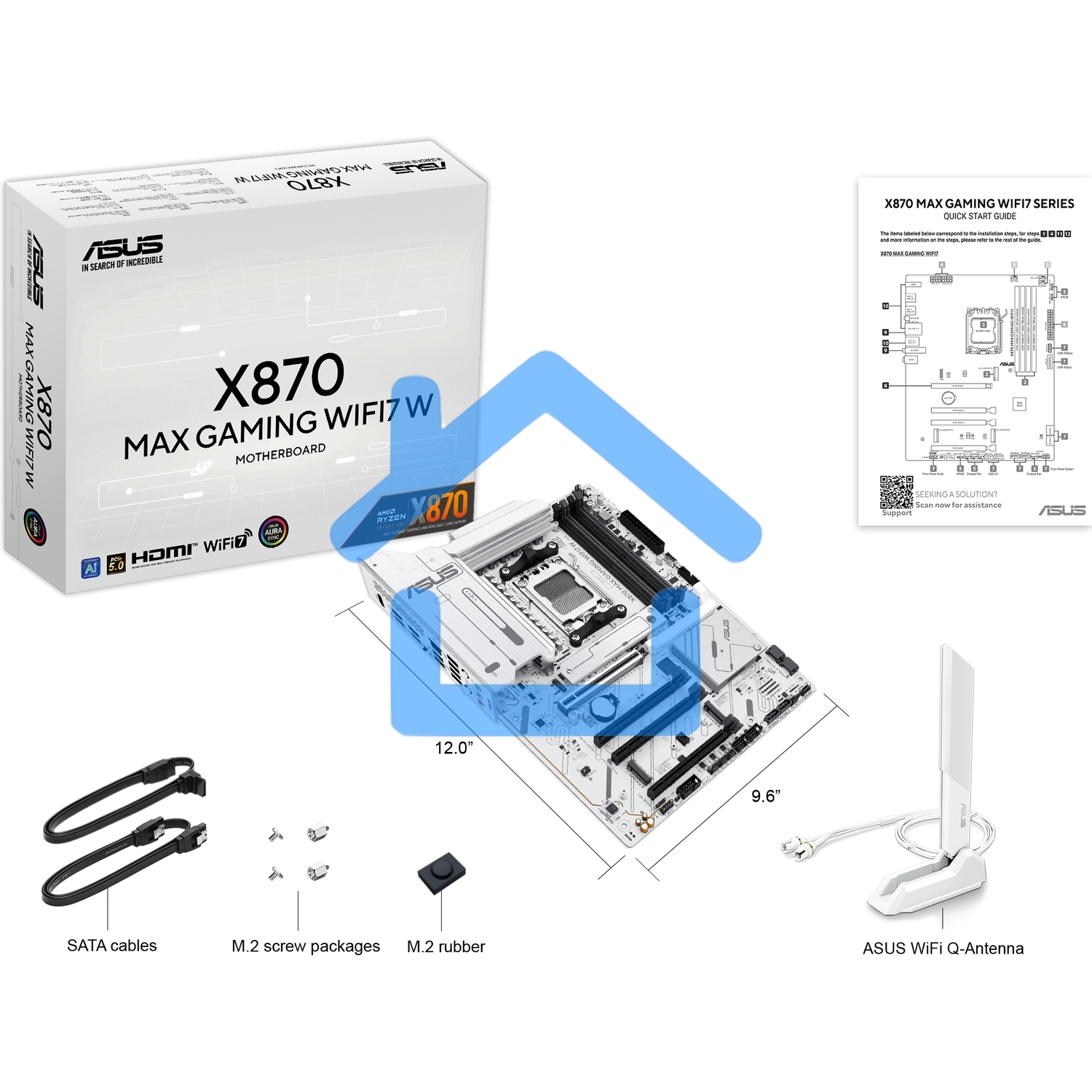 Материнская плата ASUS X870 MAX GAMING WIFI7 W, AM5, AMD X870, 4xDDR5, 4xSATA, 3xM.2, 1xPCIe 5.0 x16, 2xPCIe 4.0 x16, 1xPCIe 3.0 x16, 1xHDMI, 2xUSB Type-C (Display), 1x2.5Gb LAN, Wi-Fi 7, Bluetooth 5.4, 2xUSB-C 40Gbps, 1xUSB-A 10Gbps, 3xUSB-A 5Gbps, 4xUSB