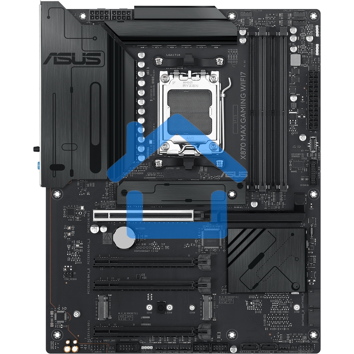 Материнская плата ASUS X870 MAX GAMING WIFI7, AM5, AMD X870, 4xDDR5, 4xSATA, 3xM.2, 1xPCIe 5.0 x16, 2xPCIe 4.0 x16, 1xPCIe x1, 1xHDMI, 2xUSB-C 40Gbps (USB4), 1xUSB-A 10Gbps, 3xUSB-A 5Gbps, 4xUSB-A 2.0, 1x2.5Gb LAN, Wi-Fi 7, Bluetooth 5.4, 3x3.5 мм, 7.1, A