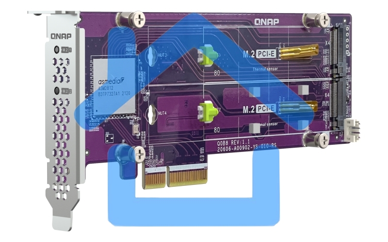 Плата расширения QNAP QM2-2P-344A 2 x M.2 22110 or 2280 PCIe (Gen3 x4) NVMe SSD slots, Low-profile flat and Full-height brackets included.