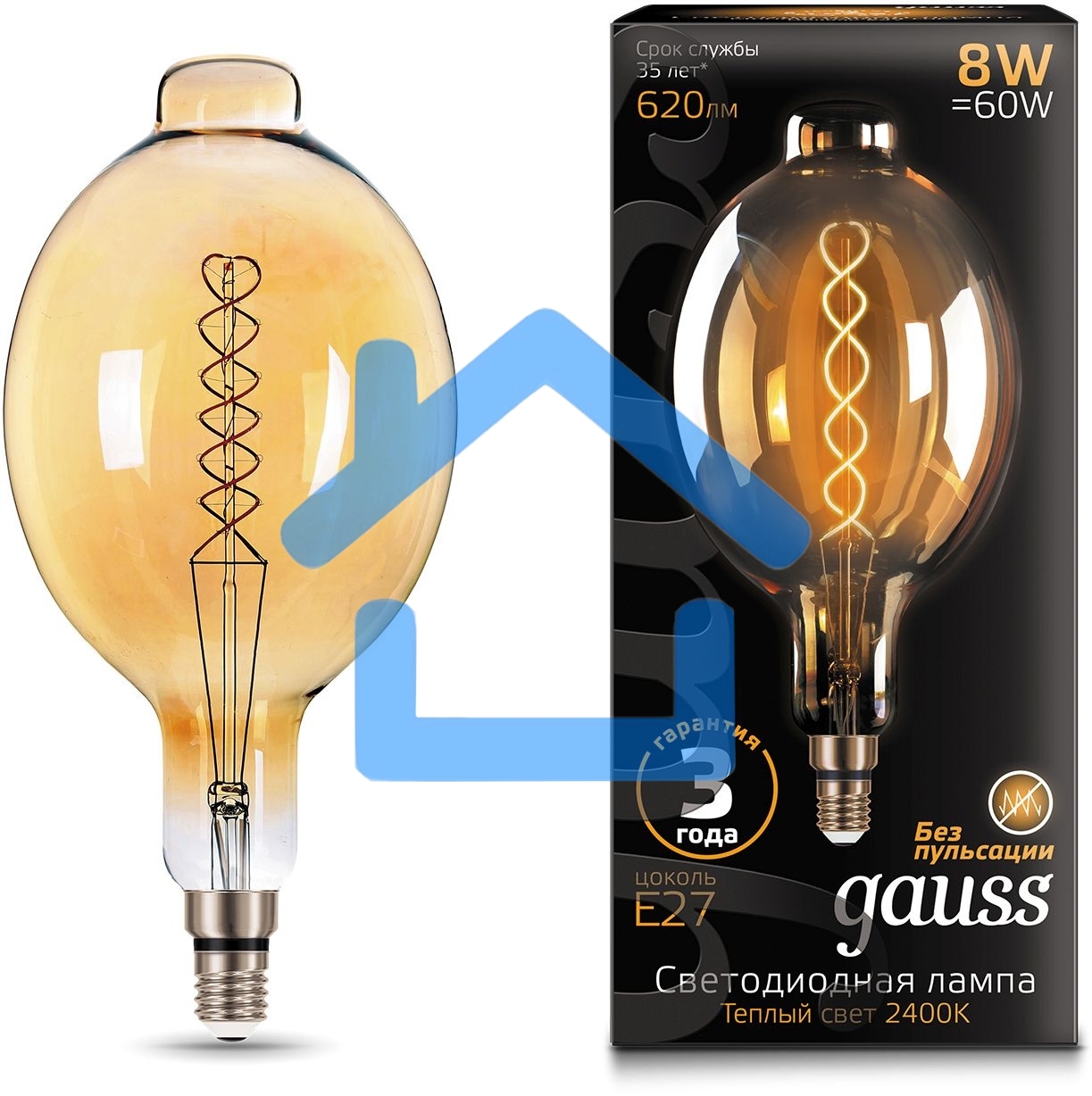Лампа филам. Gauss Filament Vintage 8Вт цок.:E27 шар 220B 2400K св.свеч.бел.теп. (упак.:1шт) (152802008)