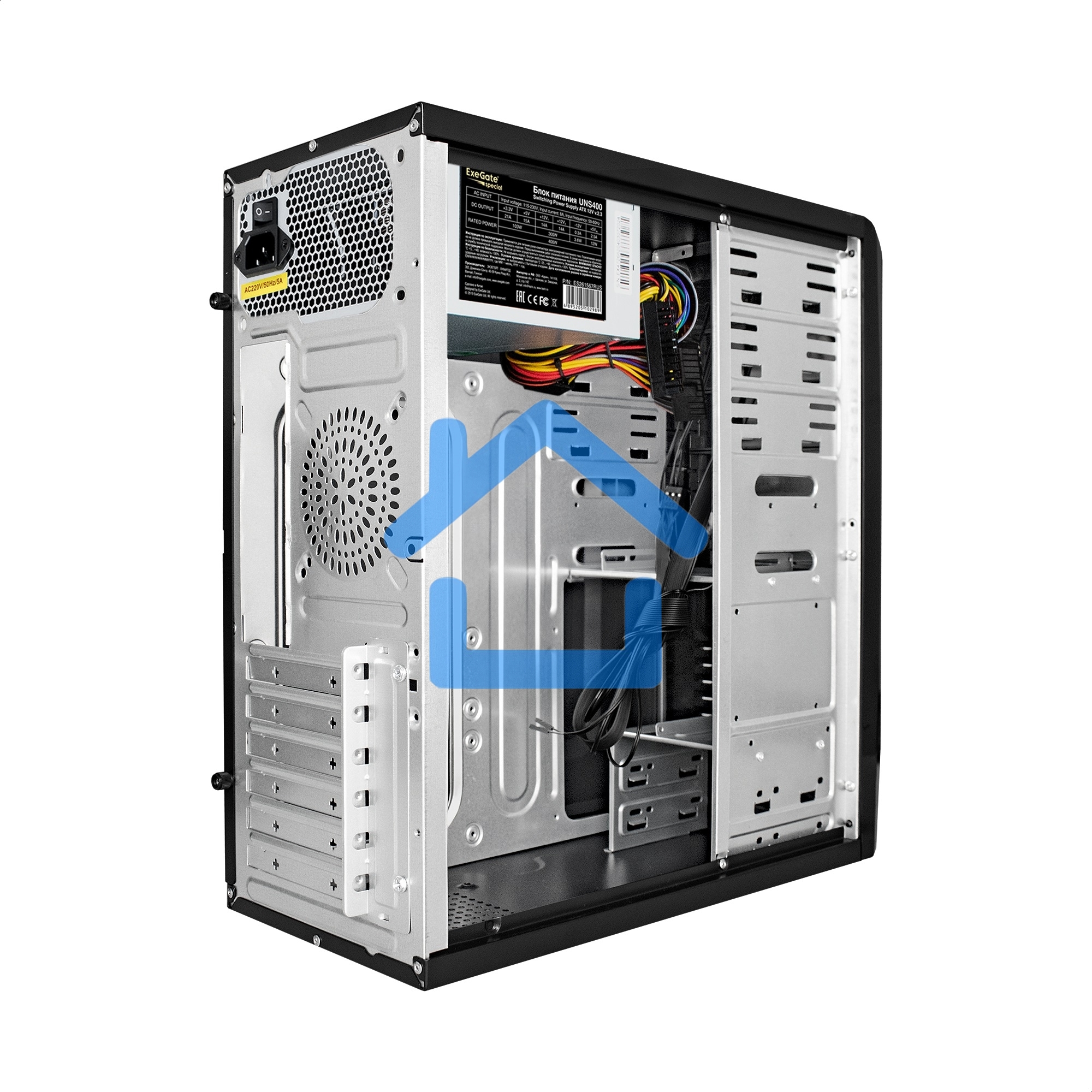 Компьютерный корпус Miditower ExeGate CP-601-UNS400 (ATX, БП UNS400 с вент. 12см, 2*USB, аудио, черный)