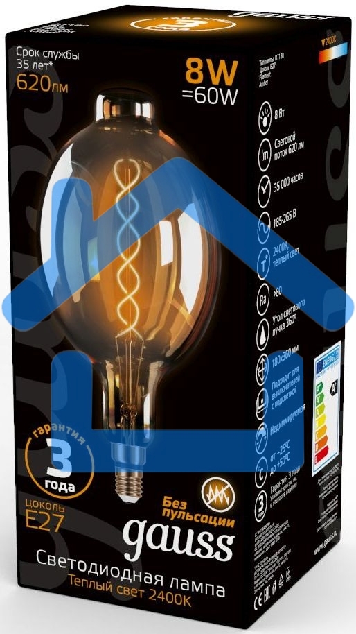 Лампа филам. Gauss Filament Vintage 8Вт цок.:E27 шар 220B 2400K св.свеч.бел.теп. (упак.:1шт) (152802008)