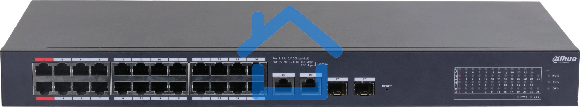 Коммутатор Dahua DH-CS4226-24ET-375 (L2) 24x100Мбит/с 2xКомбо (1000BASE-T/SFP) 2SFP 24PoE 375W управляемый