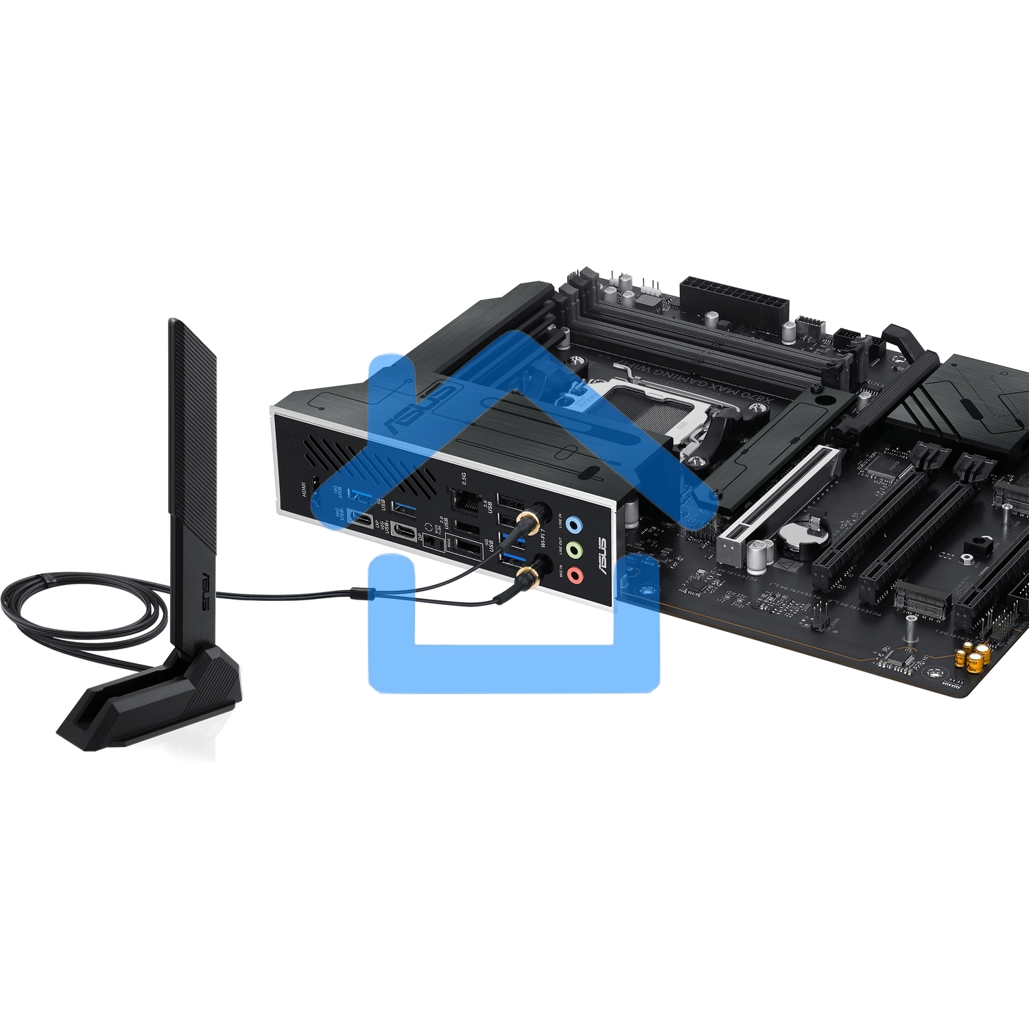 Материнская плата ASUS X870 MAX GAMING WIFI7, AM5, AMD X870, 4xDDR5, 4xSATA, 3xM.2, 1xPCIe 5.0 x16, 2xPCIe 4.0 x16, 1xPCIe x1, 1xHDMI, 2xUSB-C 40Gbps (USB4), 1xUSB-A 10Gbps, 3xUSB-A 5Gbps, 4xUSB-A 2.0, 1x2.5Gb LAN, Wi-Fi 7, Bluetooth 5.4, 3x3.5 мм, 7.1, A