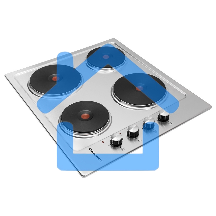 Электрическая варочная панель Maunfeld EEHS.64.4S/ • Тип: электрическая 60см• Тип установки: независимая • Управление: боковое, переключатели поворотные • Нагревательный элемент: конфорка электрическая, 4шт • Мощность конфорок, Вт.: 1500,1500, 1500, 1500 