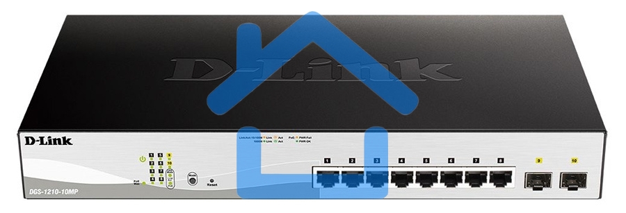 Коммутатор D-Link DGS-1210-10MP/F1A Настраиваемый коммутатор WebSmart с 8 портами 10/100/1000Base-T и 2 портами 1000Base-X SFP (8 портов с поддержкой PoE 802.3af/802.3at (30 Вт), PoE-бюджет 130 Вт)