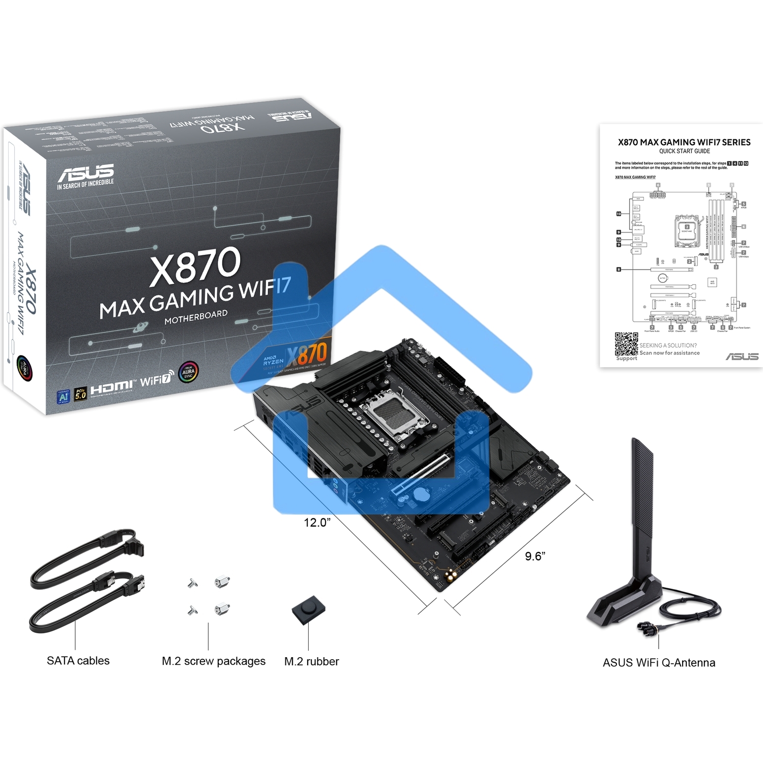 Материнская плата ASUS X870 MAX GAMING WIFI7, AM5, AMD X870, 4xDDR5, 4xSATA, 3xM.2, 1xPCIe 5.0 x16, 2xPCIe 4.0 x16, 1xPCIe x1, 1xHDMI, 2xUSB-C 40Gbps (USB4), 1xUSB-A 10Gbps, 3xUSB-A 5Gbps, 4xUSB-A 2.0, 1x2.5Gb LAN, Wi-Fi 7, Bluetooth 5.4, 3x3.5 мм, 7.1, A