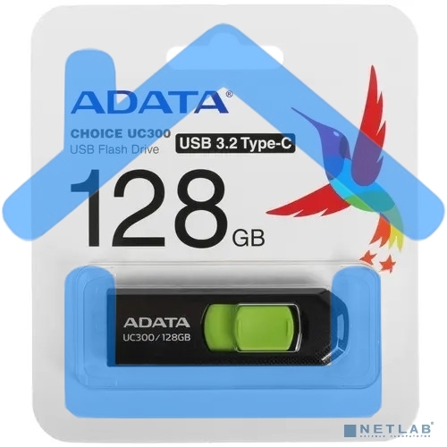 Флешка USB ADATA UC300 (ACHO-UC300-128G-RBK/GN), 128Gb, Type-C USB 3.2, R/W 100/30, черный / зеленый