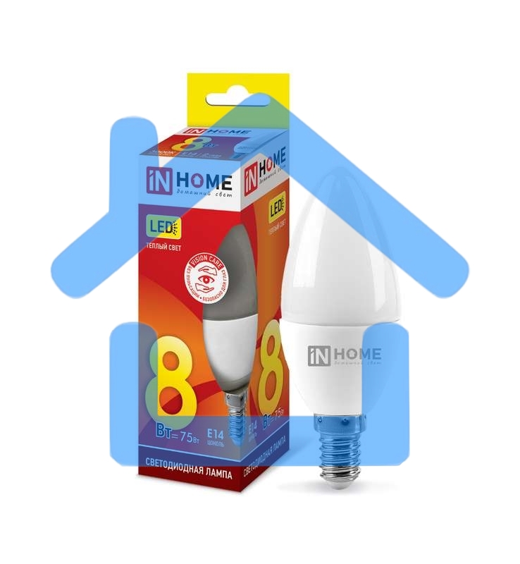 Лампа светодиодная LED-СВЕЧА-VC 8Вт 230В E14 3000К 720лм IN HOME 4690612020426