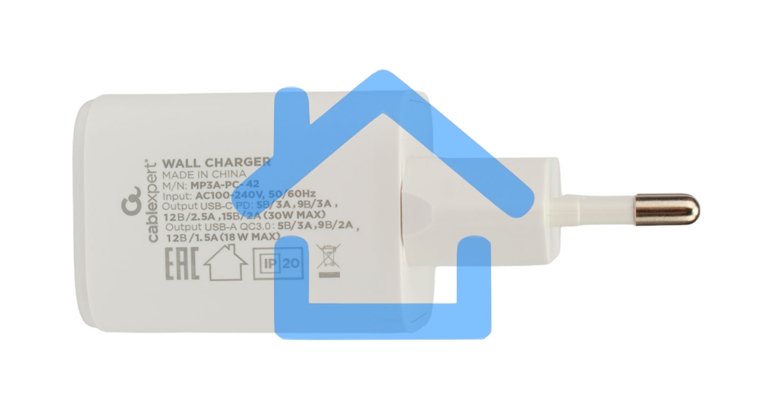Зарядное устройство Cablexpert MP3A-PC-42, 30Вт, быстрая зарядка QC3.0/PD, 2 порта: USB и Type-C, белый, пакет