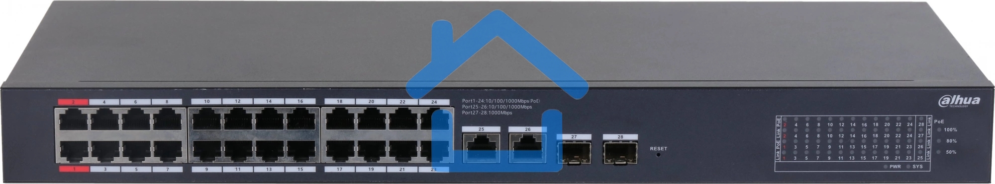 Коммутатор Dahua DH-CS4228-24GT-375 (L2) 24x1Гбит/с 2xКомбо (1000BASE-T/SFP) 2SFP 24PoE 375W управляемый