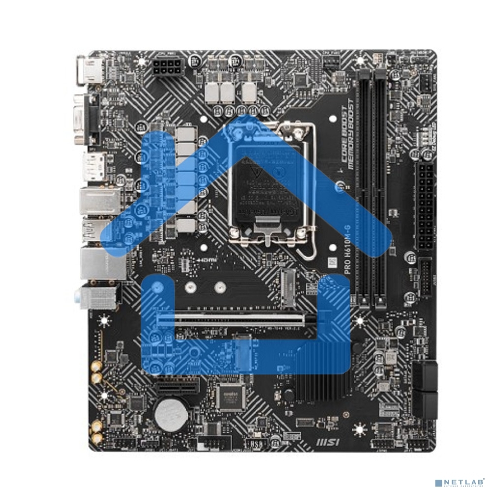 Материнская плата MSI PRO H610M-G, LGA 1700, Intel H610, 2xDDR5, 4xSATA, 1xM.2, 1xPCIe 4.0 x16, 1xPCIe 3.0 x1, 1xHDMI, 1xDP, 1xVGA, 1xRJ45 1Gb, 2xUSB-A 3.2 Gen 1, 4xUSB-A 2.0, 3x3.5мм, 7.1, mATX