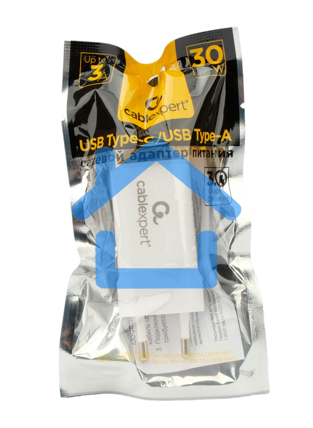 Зарядное устройство Cablexpert MP3A-PC-42, 30Вт, быстрая зарядка QC3.0/PD, 2 порта: USB и Type-C, белый, пакет
