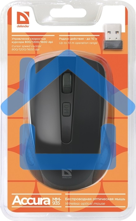 Мышь беспроводная Defender Accura MM-935 черный, 1600 dpi, радиоканал, USB, кнопки - 4