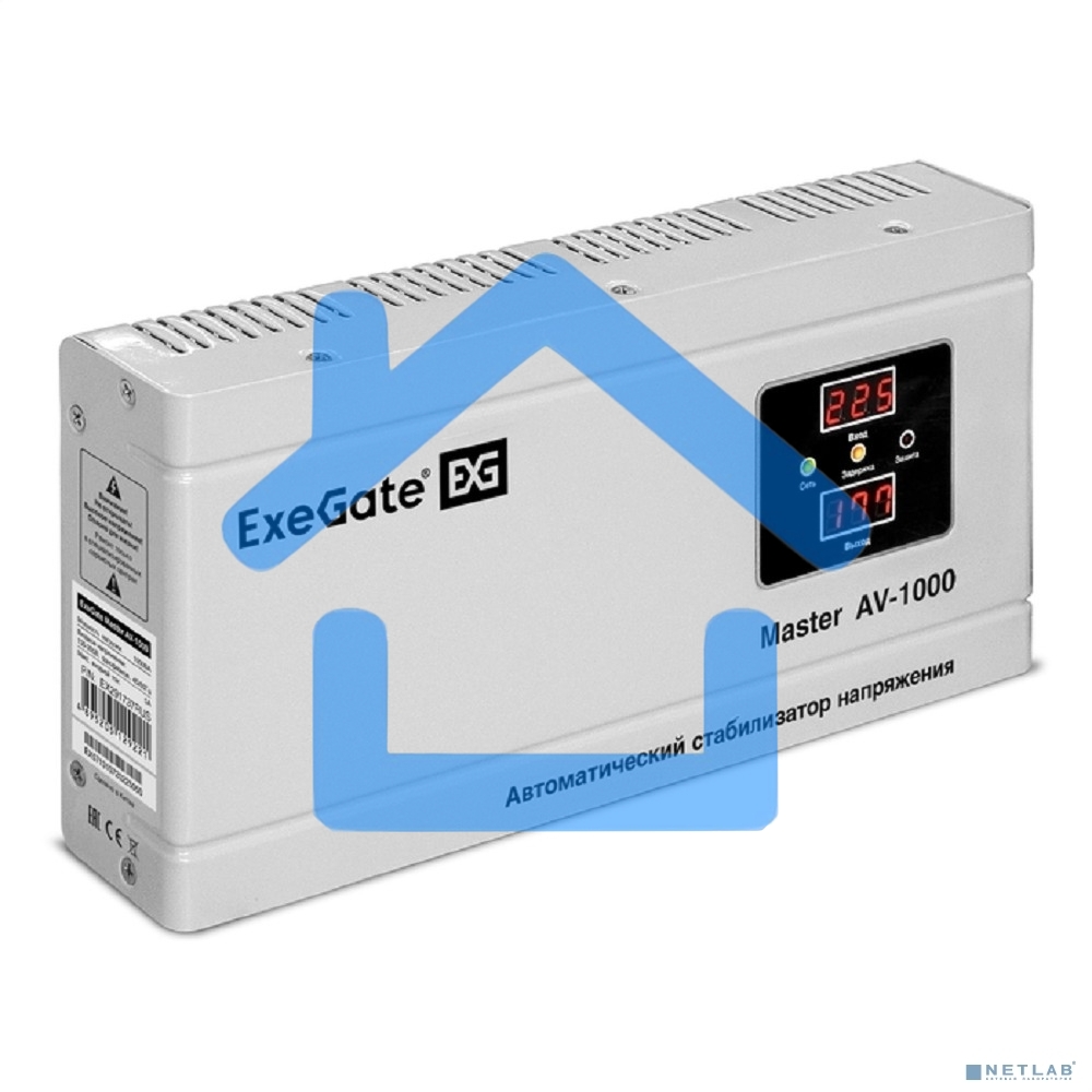 Стабилизатор напряжения ExeGate Master AV-1000 (1000ВА, 140-260В, цифр. индикация вход/вых. напряжения, 220В±8%, КПД 98%, 5 уровней защиты, задержка, метал.корпус, евророзетка, RTL)