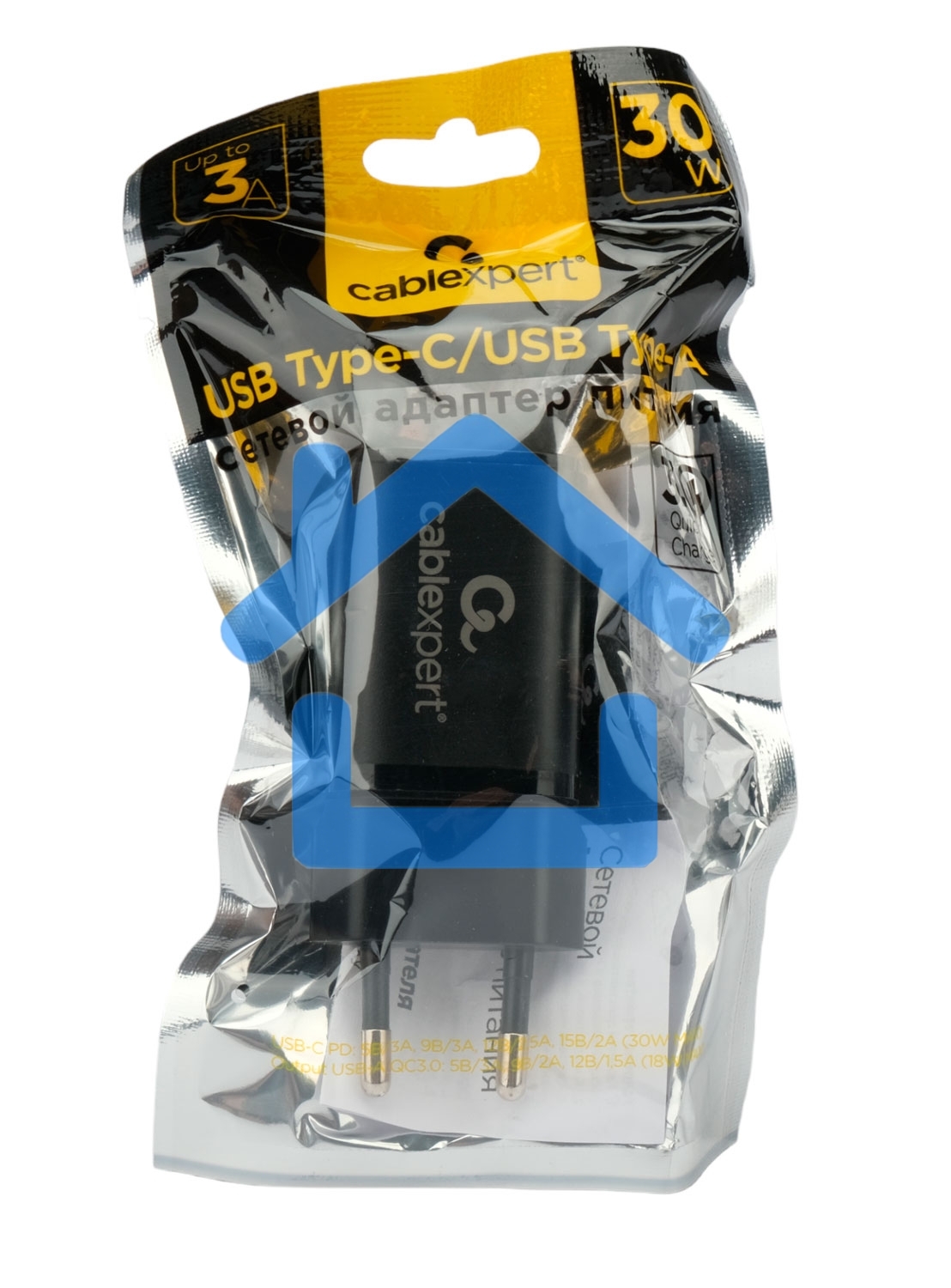 Зарядное устройство Cablexpert MP3A-PC-43, 30Вт, 3А, быстрая зарядка QC3.0/PD, 2 порта: USB и Type-C, черный, пакет