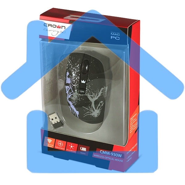 Мышь беспроводная Crown CMM-930W черный, 1600 dpi, радиоканал, USB, кнопки - 4