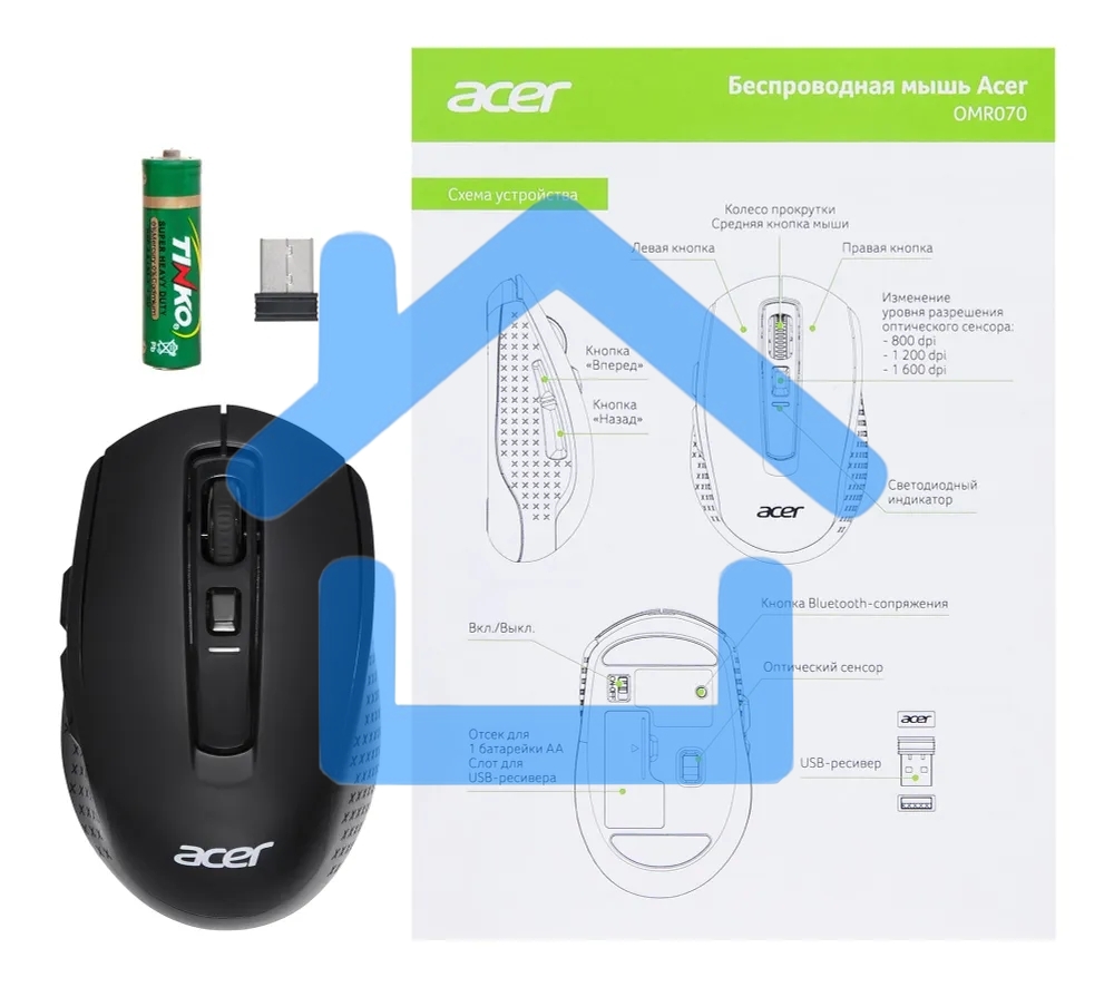 Мышь беспроводная Acer OMR070 черный, 1600 dpi, радиоканал, Bluetooth, USB, кнопки - 6