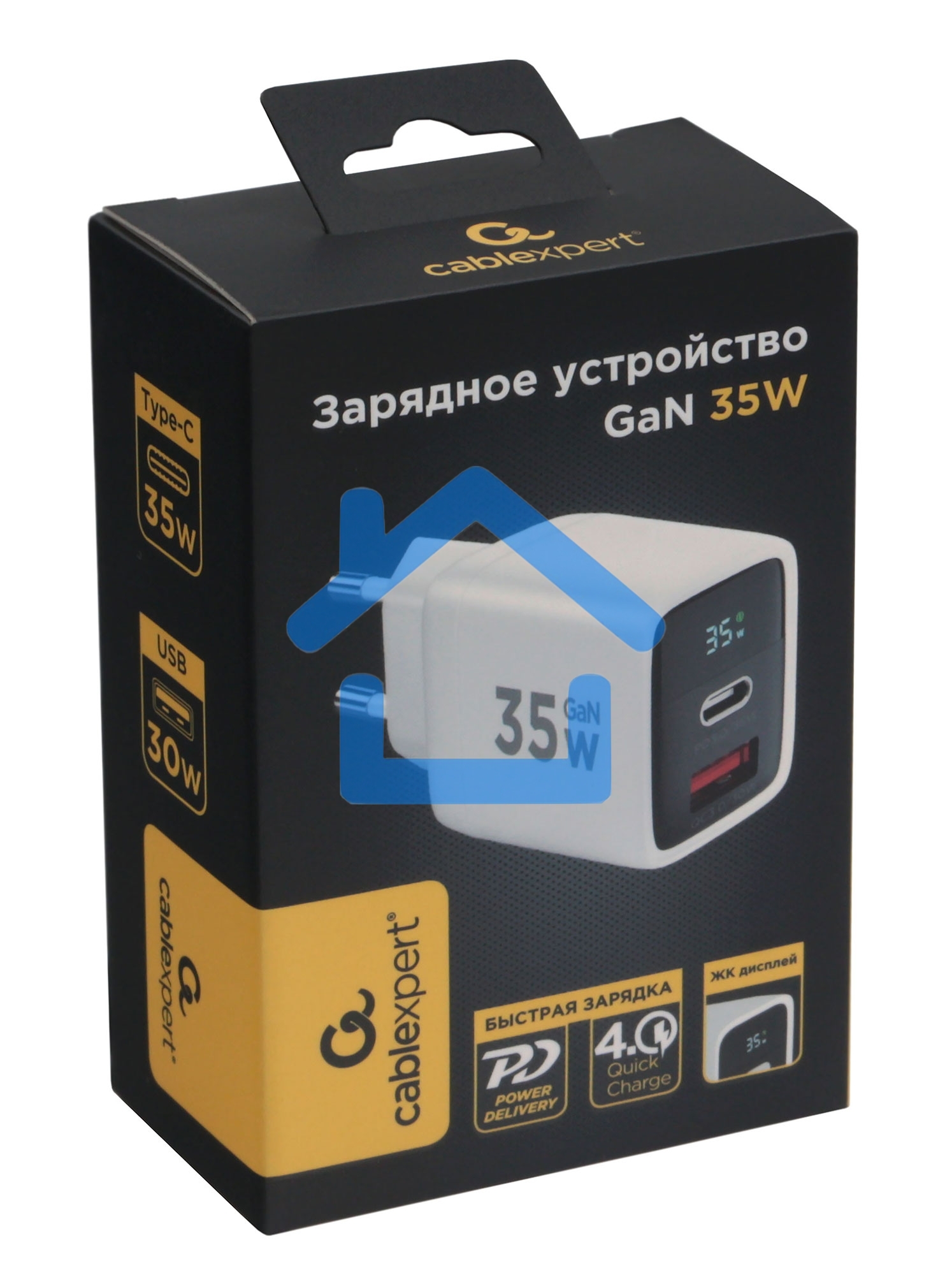 Зарядное устройство с дисплеем Cablexpert MP3A-PC-52, 35Вт GaN, QC3.0/PD3.0, 1хUSB, 1хType-C, белый, коробка