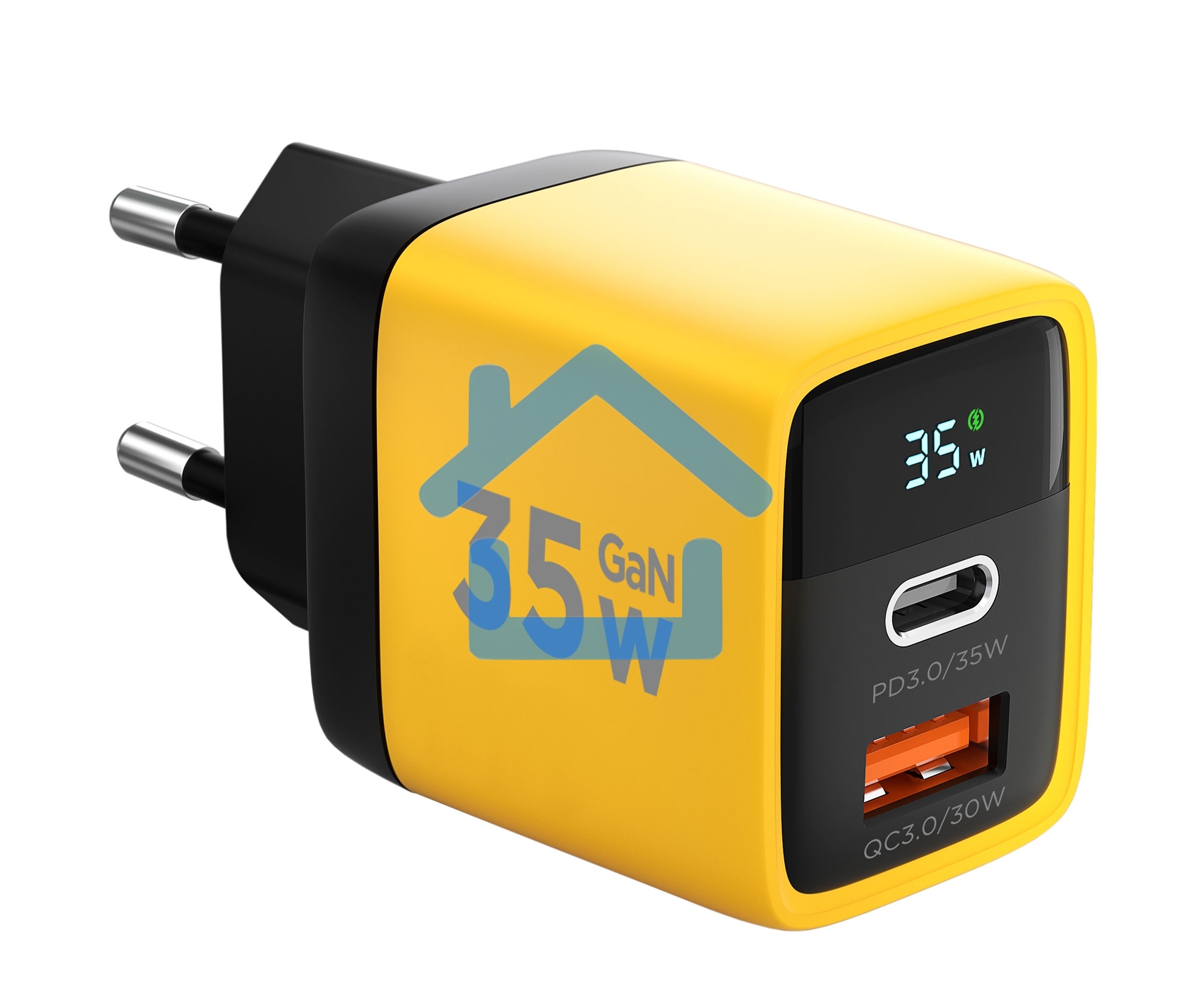 Зарядное устройство с дисплеем Cablexpert MP3A-PC-53, 35Вт GaN, QC3.0/PD3.0, 1хUSB, 1хType-C, желтый, коробка