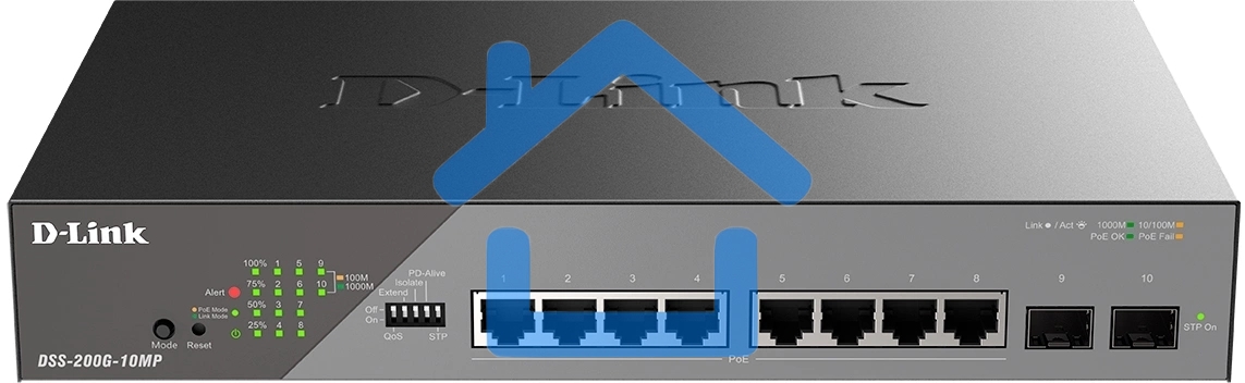 Сетевой коммутатор Smart L2 Surveillance Switch 8х1000Base-T PoE, 2x1000Base-X SFP, PoE Budget 130W, Long-range PoE up to 250m