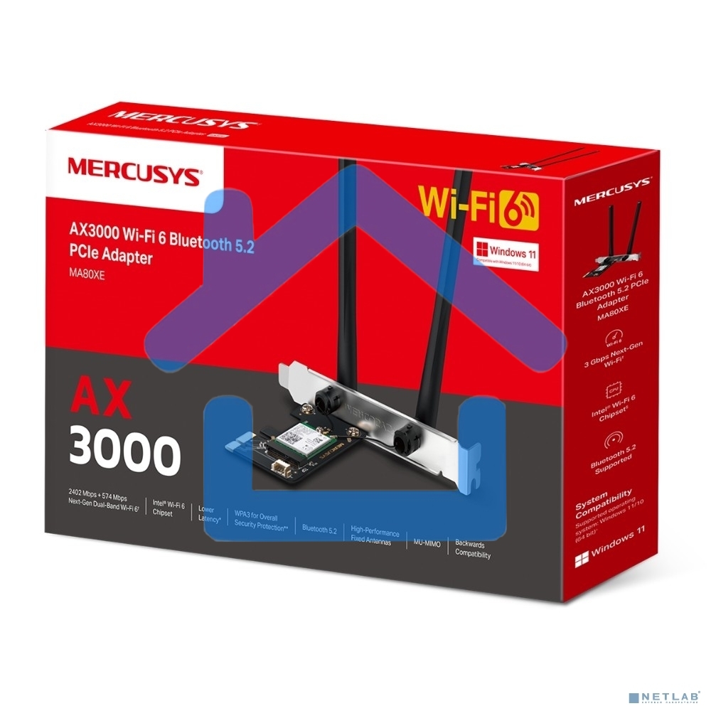 Сетевой адаптер Wi-Fi + Bluetooth Mercusys MA80XE AX3000 PCI Express (ант.внеш.несъем.) 2ант.