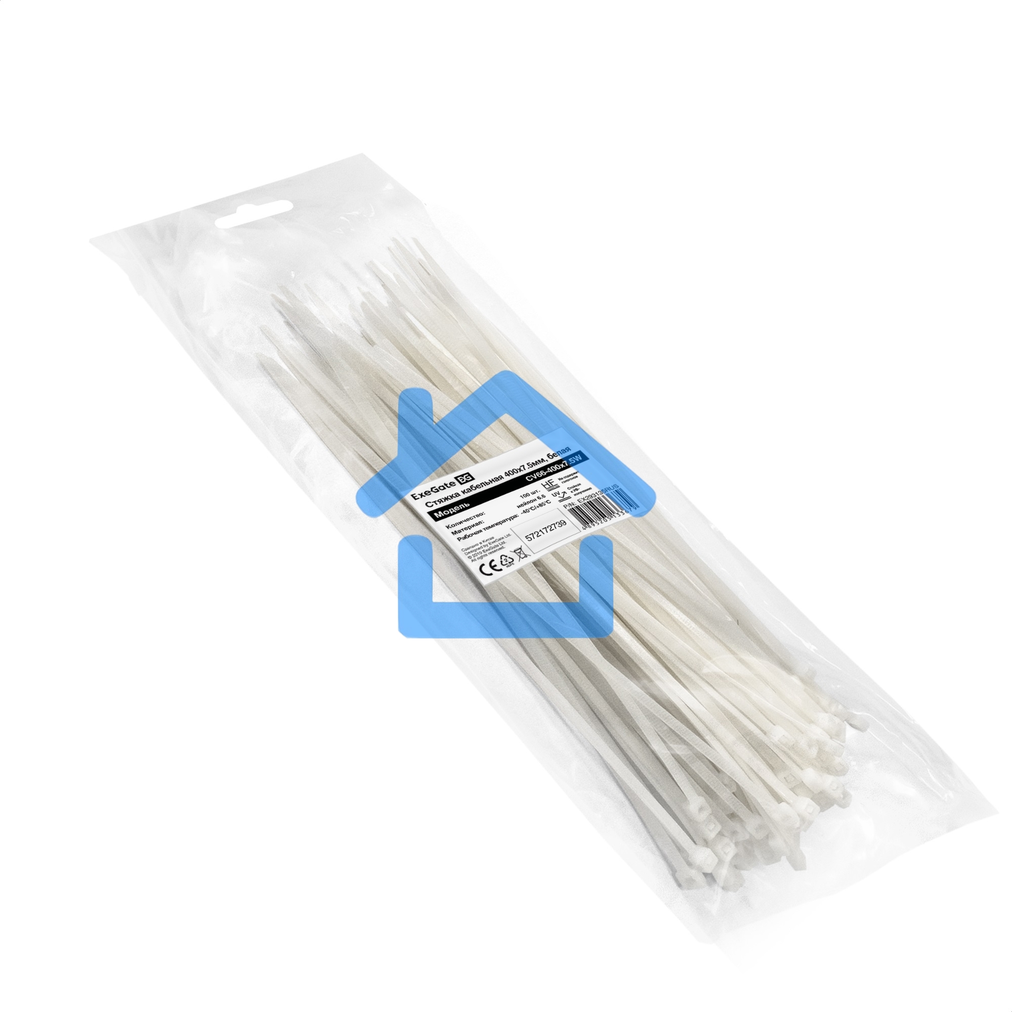 Стяжка (хомут) нейлоновая ExeGate EX293135RUS CV66-400x7.5W (нейлон 6.6, 400x7.5мм, неоткрывающаяся, halogen free, -40°C - +85°C, белая, 100 шт)