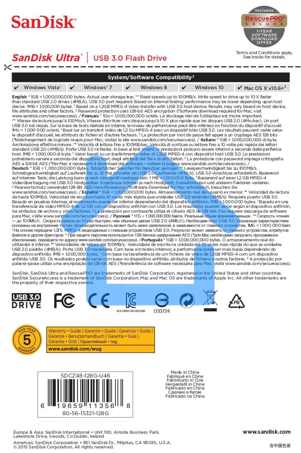 Флешка USBSanDisk 128Gb CZ48 Ultra SDCZ48-128G-U46 USB 3.0, черный USB Drive