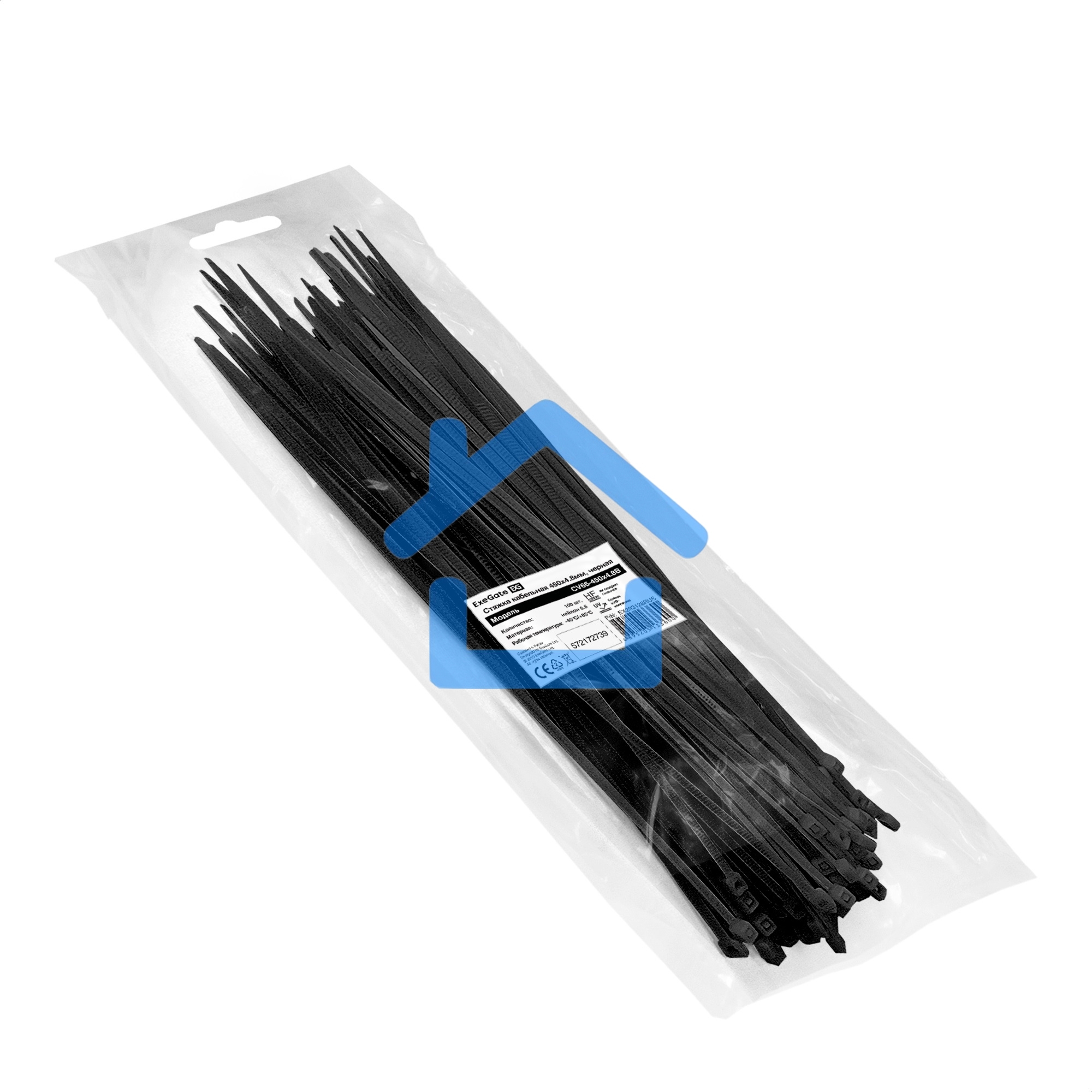 Стяжка (хомут) нейлоновая ExeGate EX293128RUS CV66-450x4.8B (нейлон 6.6, 450x4.8мм, неоткрывающаяся, halogen free, -40°C - +85°C, черная, 100 шт)