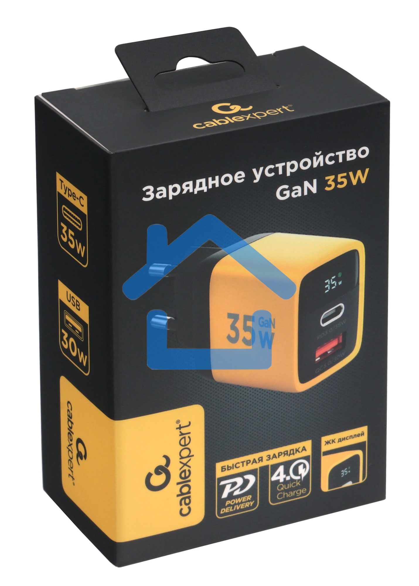 Зарядное устройство с дисплеем Cablexpert MP3A-PC-53, 35Вт GaN, QC3.0/PD3.0, 1хUSB, 1хType-C, желтый, коробка