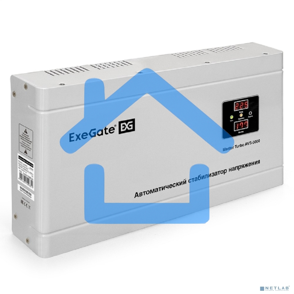 Стабилизатор напряжения ExeGate Master Turbo AVS-3000 (3000ВА, 100-265В, цифр. индикация вход/вых. напряжения, 220В±8%, КПД 98%, 5 уровней защиты, задержка, усиленный метал.корпус, клем.колодка, RTL)