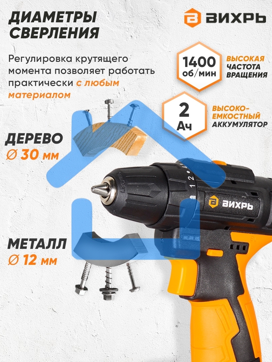 Дрель-шуруповерт Вихрь ДА-24Л-2К/Б 72/14/24, Аккумуляторная, 24В, 2 АКБ, Кейс