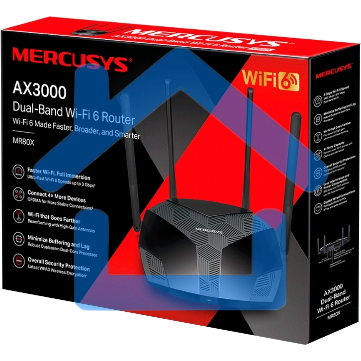 Двухдиапазонный роутер MERCUSYS AX3000 Wi-Fi 6, до 574 Мбит/с на 2,4 ГГц + до 2402 Мбит/с на 5 ГГц,4 фиксированные внешние антенны, 3 гигабитных порта LAN, 1 гигабитный порт WAN