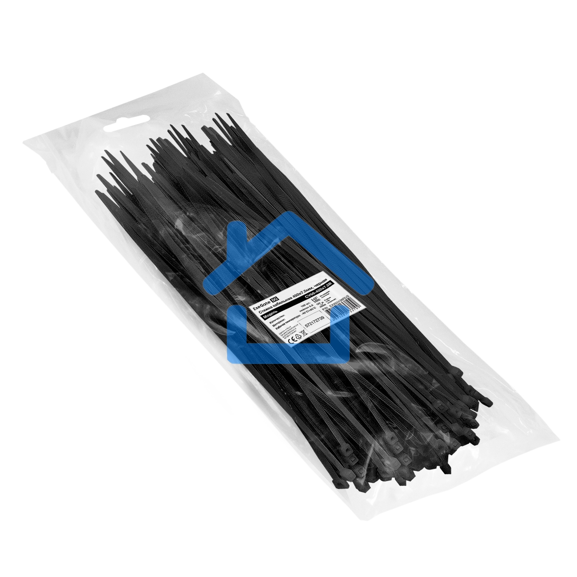 Стяжка (хомут) нейлоновая ExeGate EX293138RUS CV66-450x7.5B (нейлон 6.6, 450x7.5мм, неоткрывающаяся, halogen free, -40°C - +85°C, черная, 100 шт)