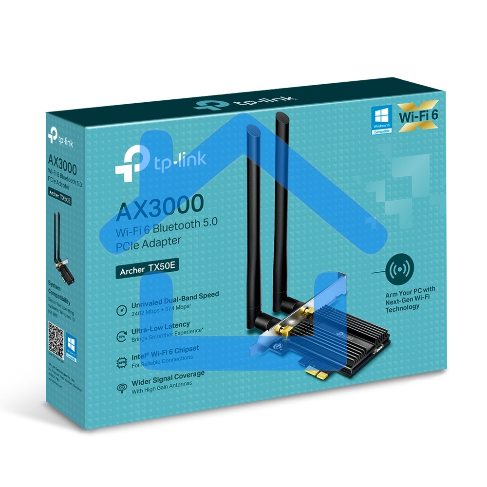 Адаптер 11AX 3000Mbps dual-band PCI-E adapter, 2402Mbps at 5G and 574Mbps at 2.4G, support Bluetooth 5.0, WPA2 encryption, two external Antennas.